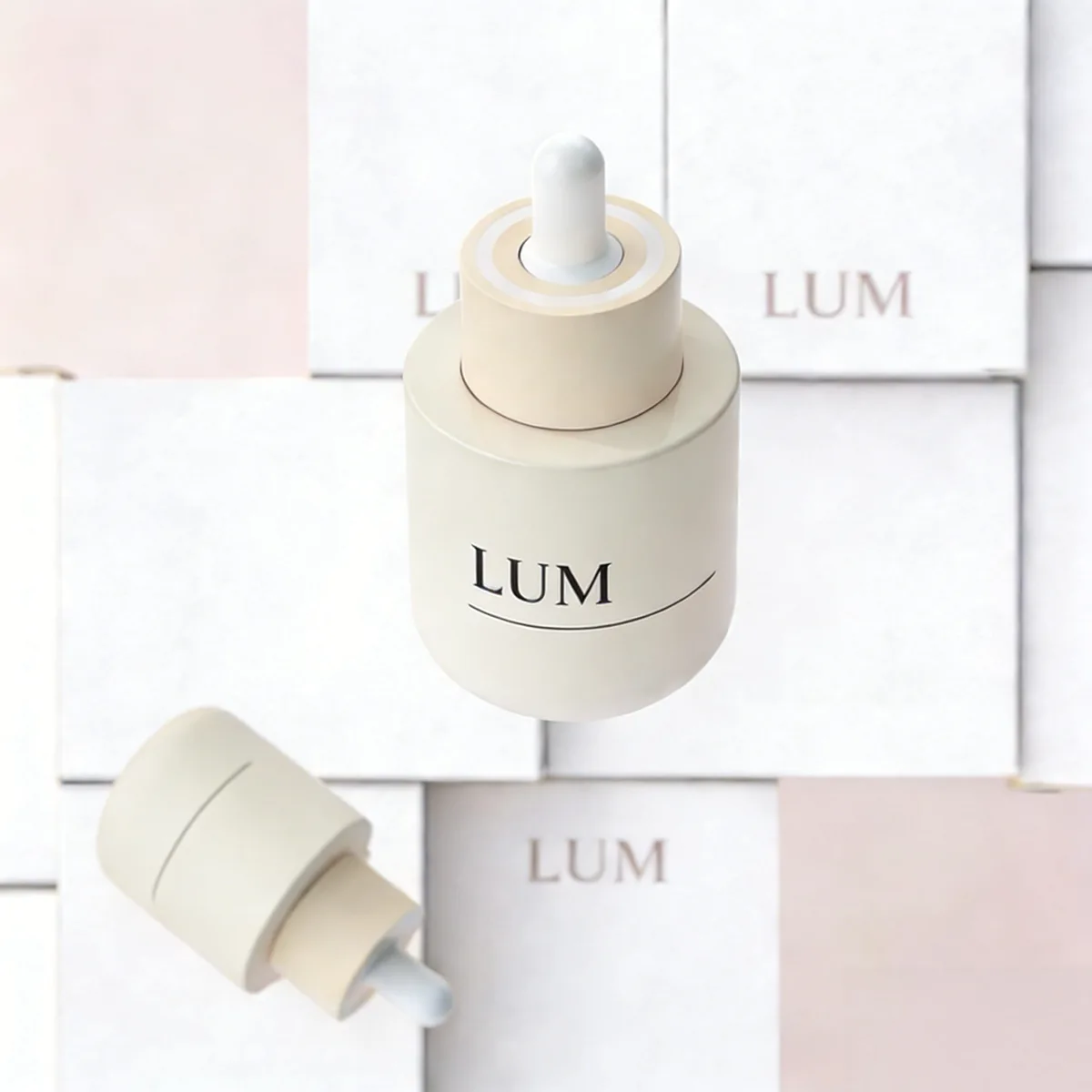 Luxury thick-wall skincare packaging manufactured by Lumlun, featuring the LUM logo on a premium pink glass body.