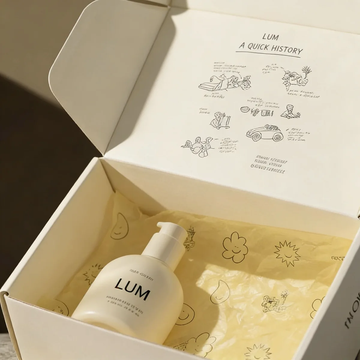 Custom skincare mailer packaging manufactured by Lumlun, featuring the LUM logo and immersive interior printing.