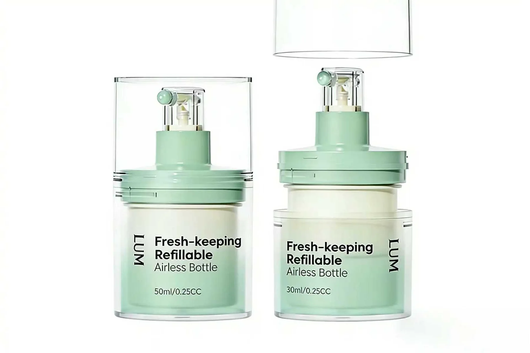 Premium refillable airless pump bottles with replaceable inner cartridge system to reduce plastic waste and material costs.