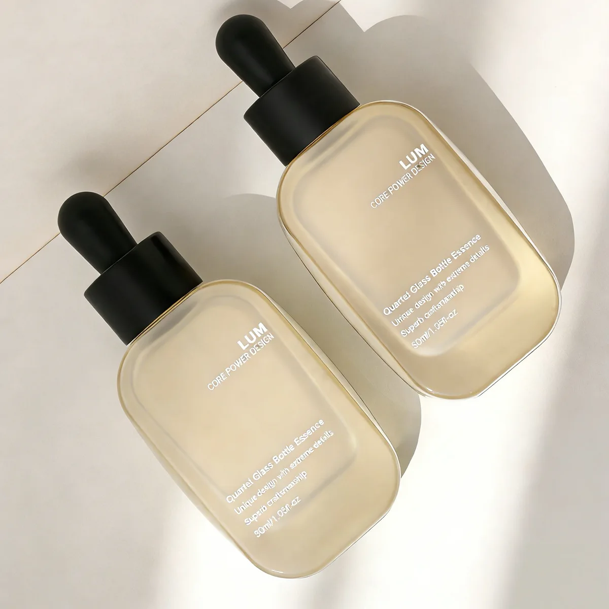 Modern square glass dropper bottle demonstrating sleek edges and high-quality custom Pantone color coating options.