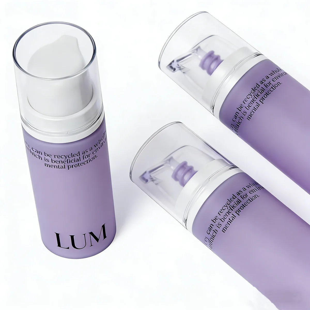 Translucent purple sustainable serum packaging manufactured by Lumlun, featuring the LUM logo for premium brand positioning.