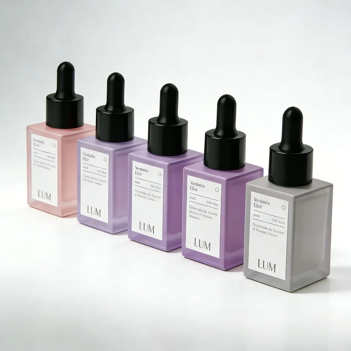 Compact 10ml and 20ml essential oil glass vials optimally sized for high-potency facial treatments and liquid extracts.