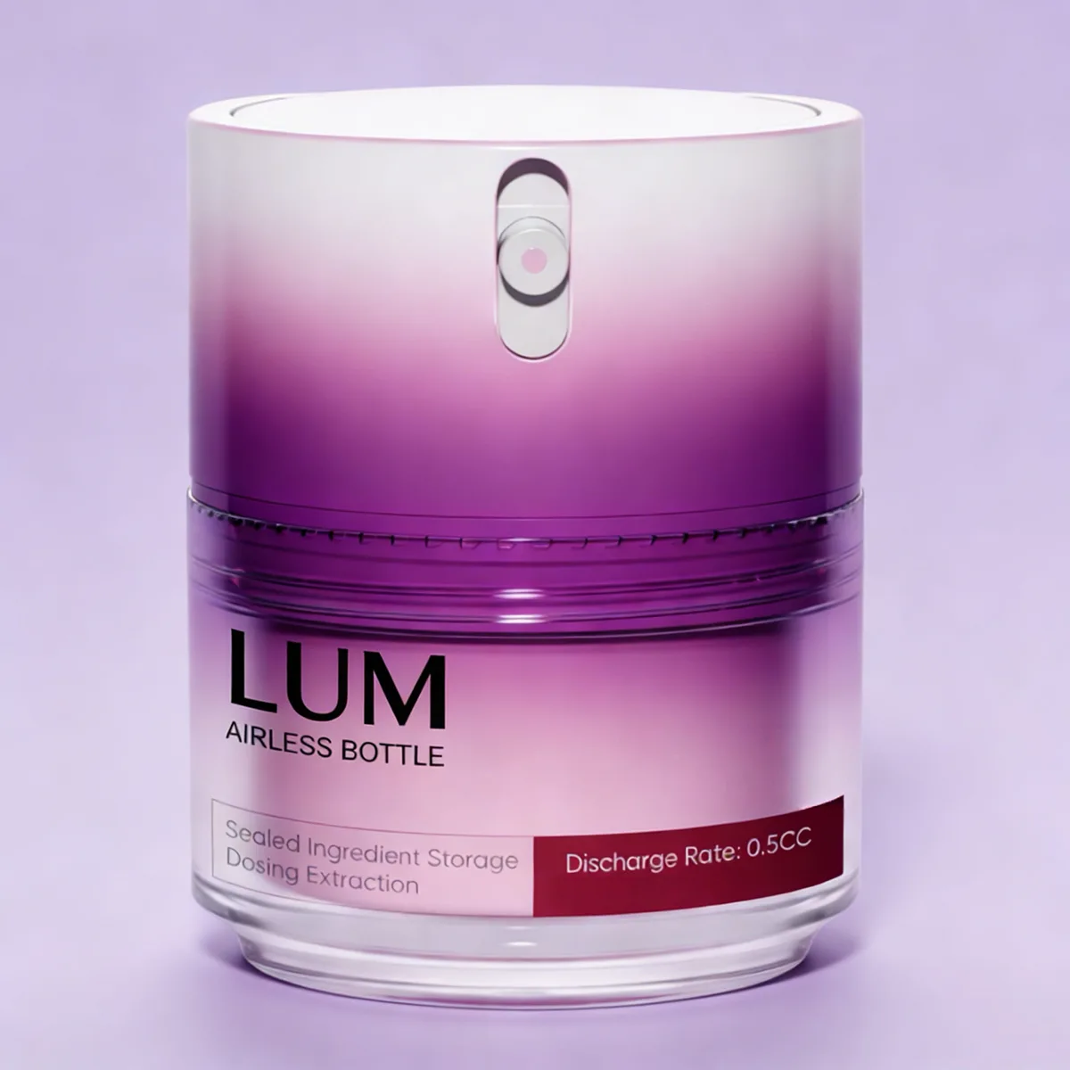 Premium airless pump skincare packaging manufactured by Lumlun, featuring the LUM logo on a purple gradient jar.