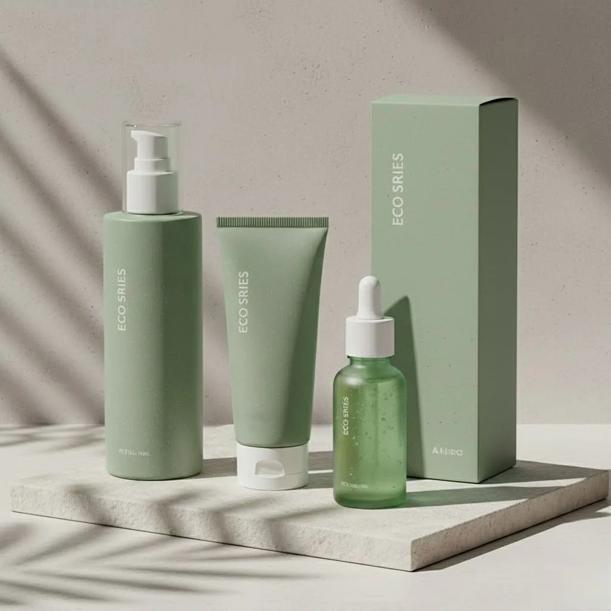 Complete set of eco-friendly packaging including PCR bottles