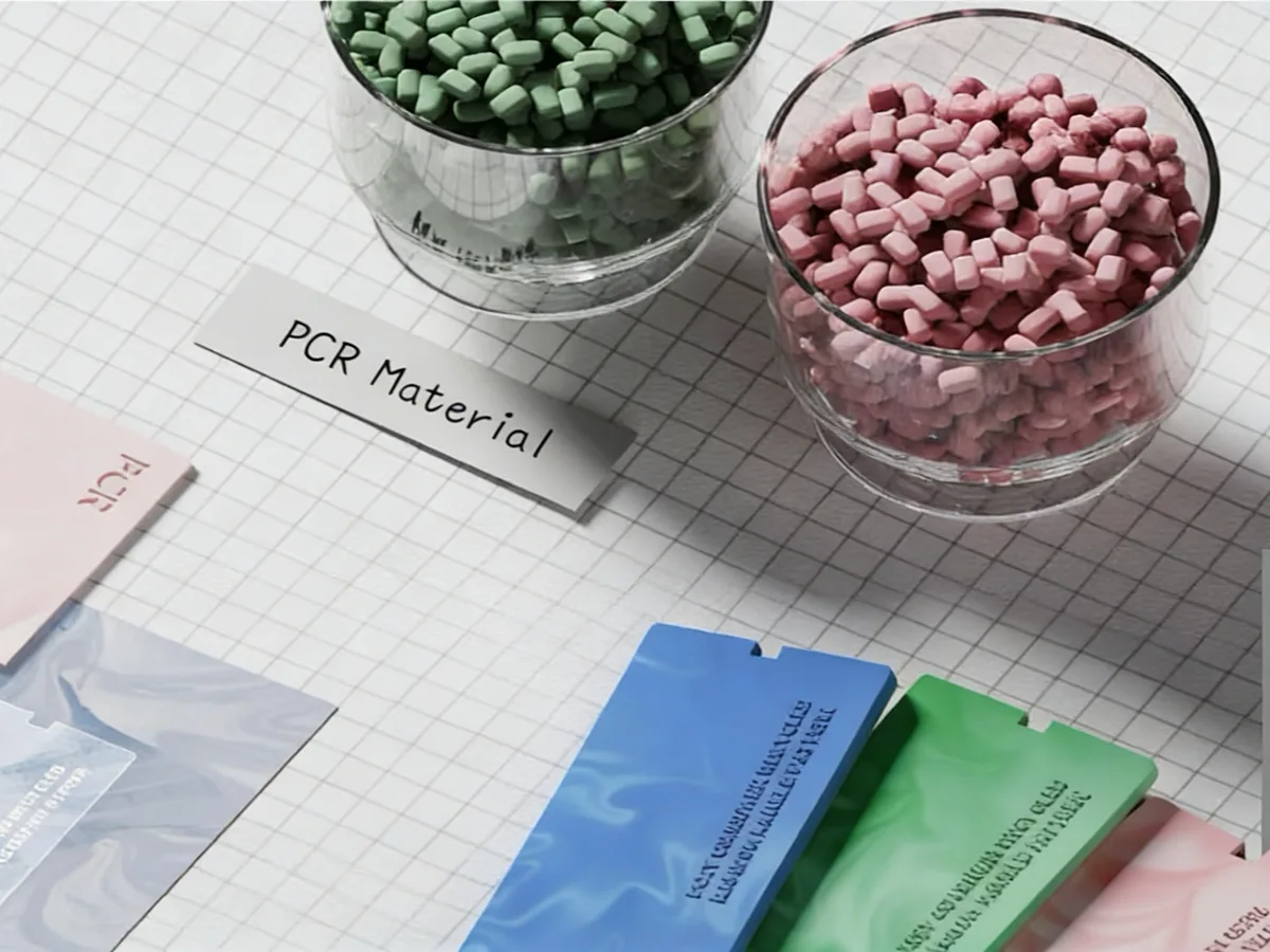 Custom skincare packaging made from 30%-100% PCR (Post-Consumer Recycled) materials for sustainable beauty brands.