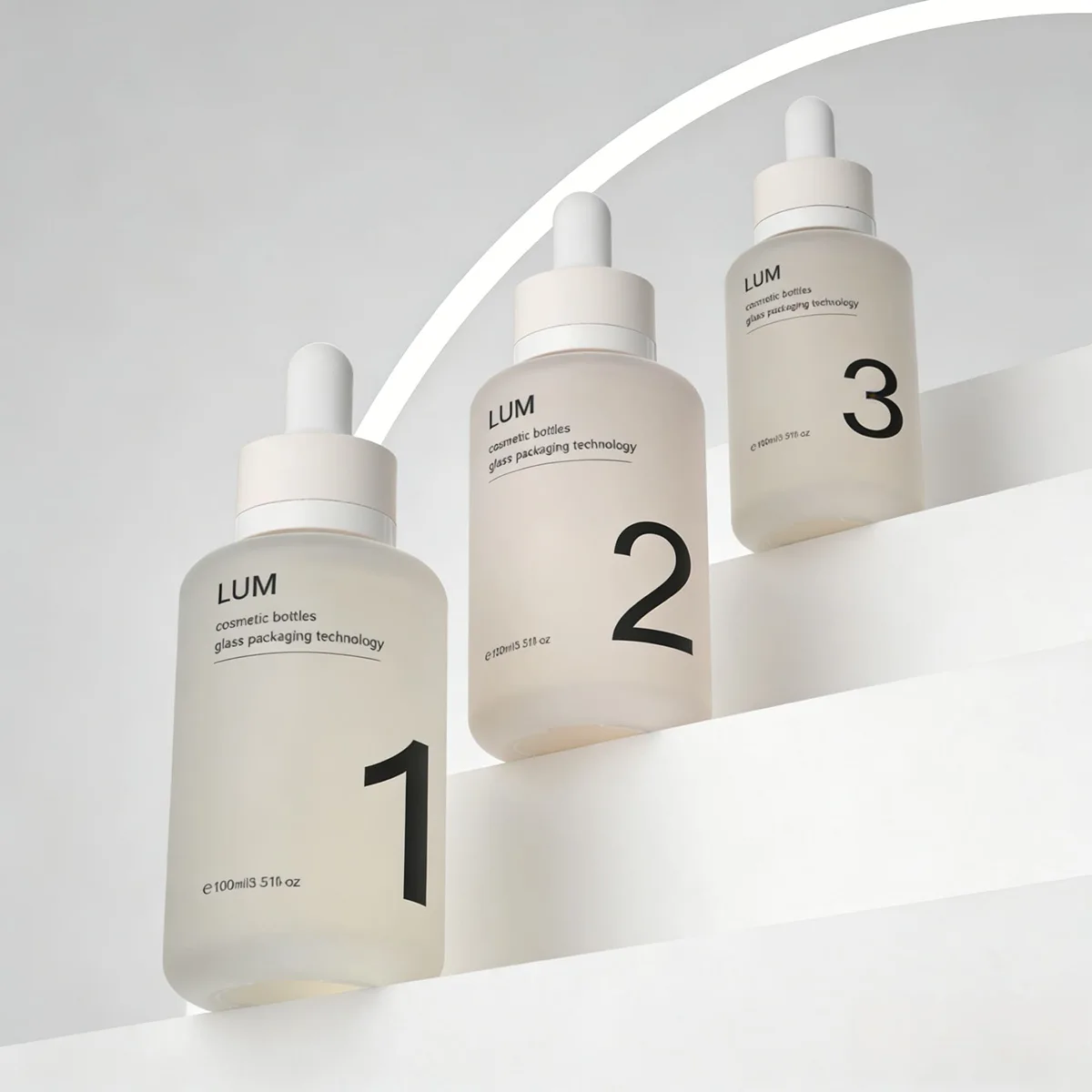 Professional skincare packaging manufactured by Lumlun, featuring the LUM logo on a numbered frosted glass dropper bottle.