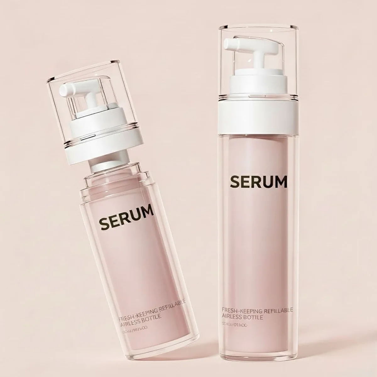 Exploded view of refillable airless bottle showing outer shell and inner replacement core