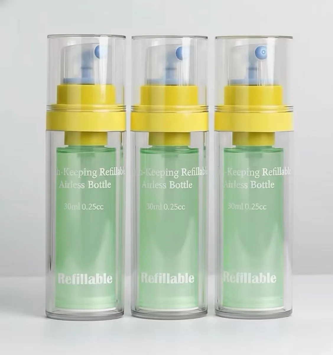 Refillable airless pump jar mechanism protecting active ingredients