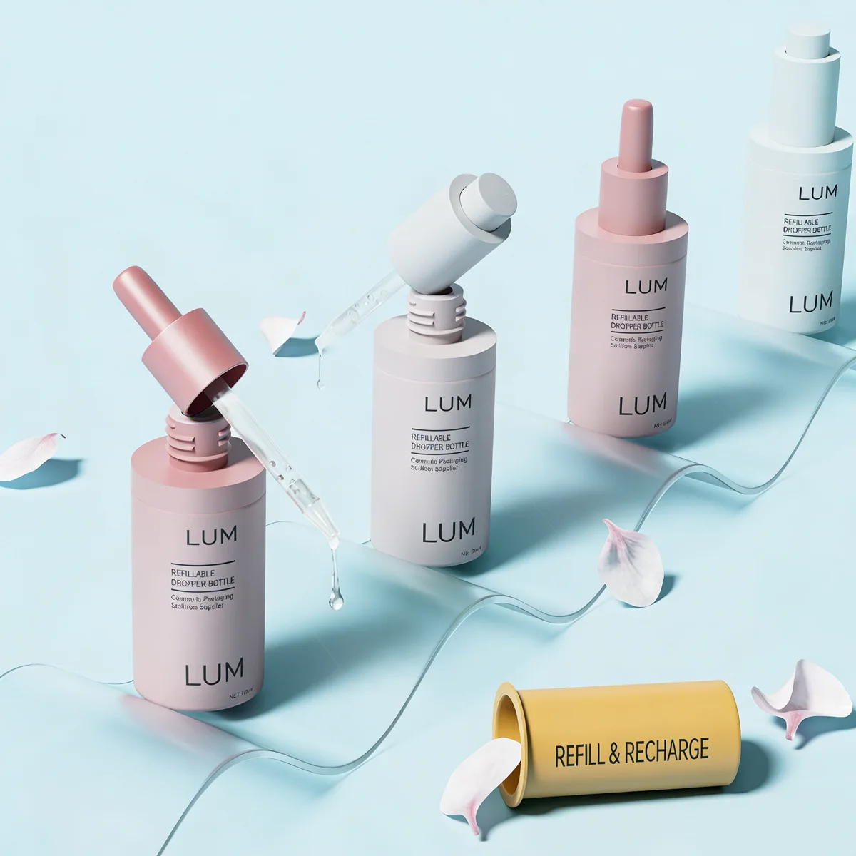 Pastel refillable serum packaging manufactured by Lumlun, featuring the LUM logo for sustainable corporate identity.