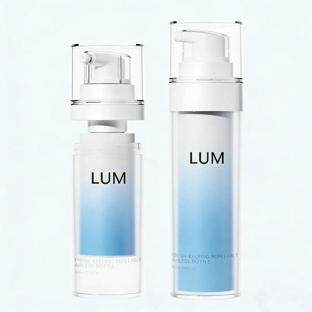 Custom blue gradient skincare packaging manufactured by Lumlun, featuring the LUM logo for sustainable luxury brand identity.