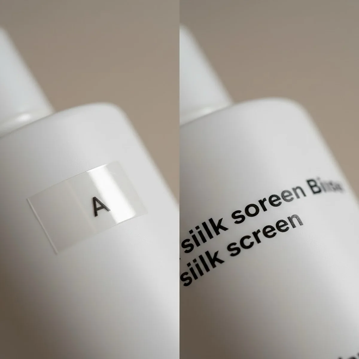 Silk screen printing vs labeling on cosmetic bottles close up details
