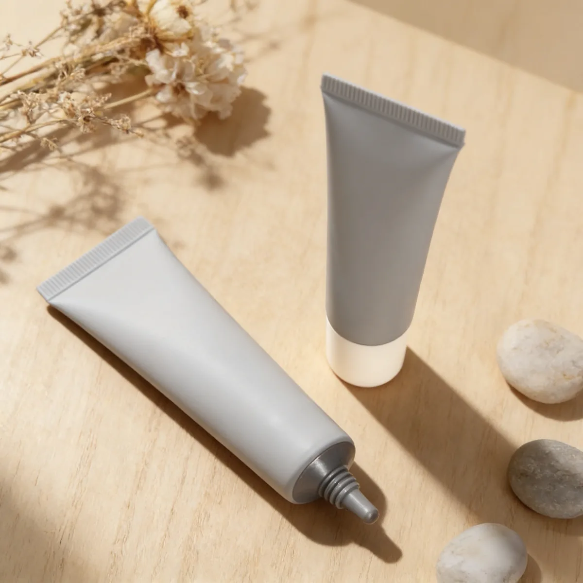 Premium eye serum packaging manufactured by Lumlun, featuring the LUM logo on a minimalist cream-colored PE tube.