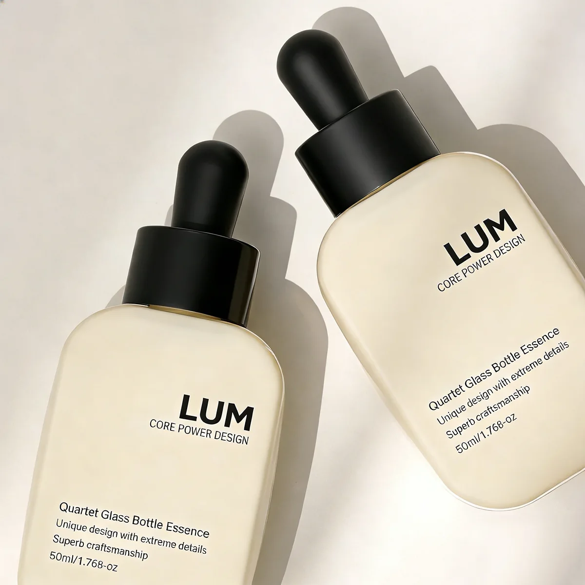 Premium square skincare packaging manufactured by Lumlun, featuring the LUM logo on a minimalist geometric glass body.