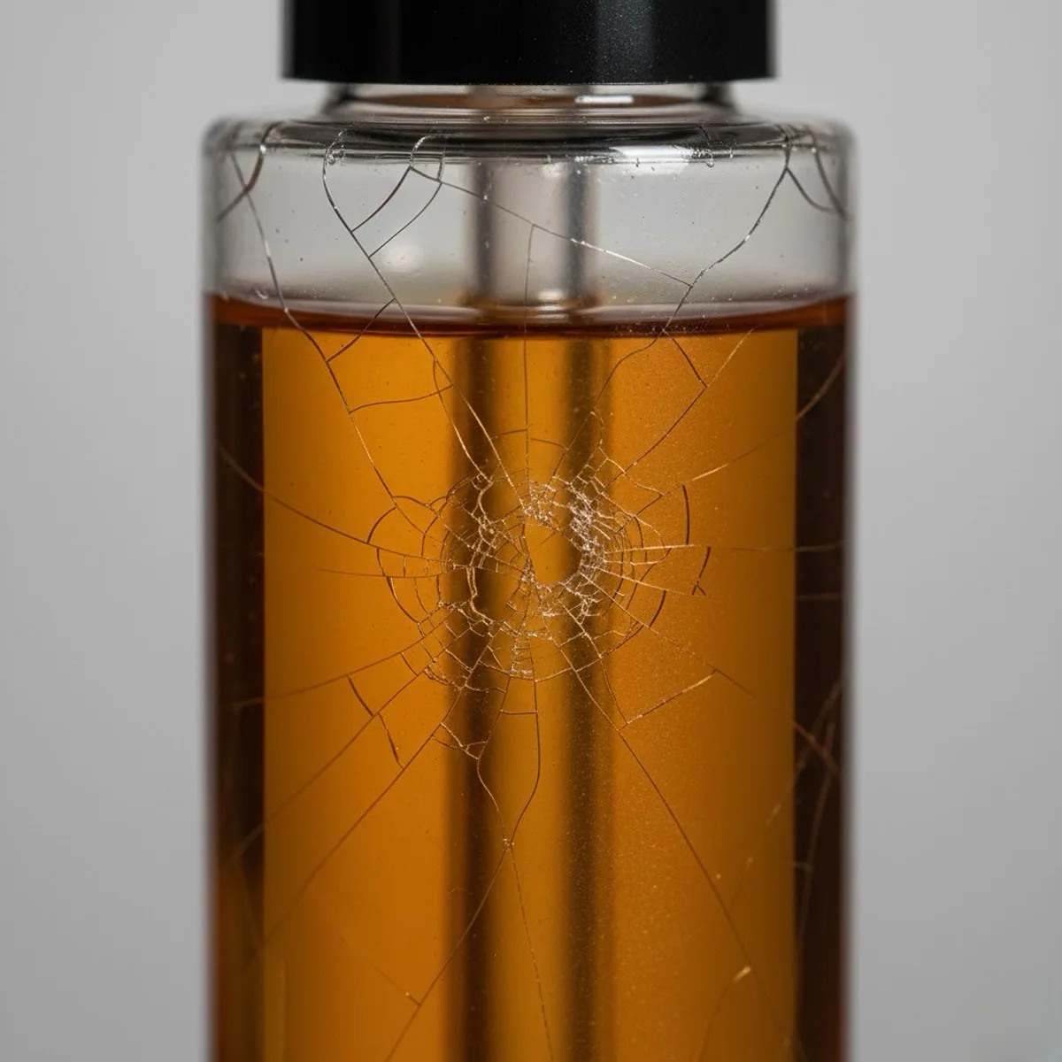 Damaged skincare bottle showing stress cracking due to essential oil incompatibility