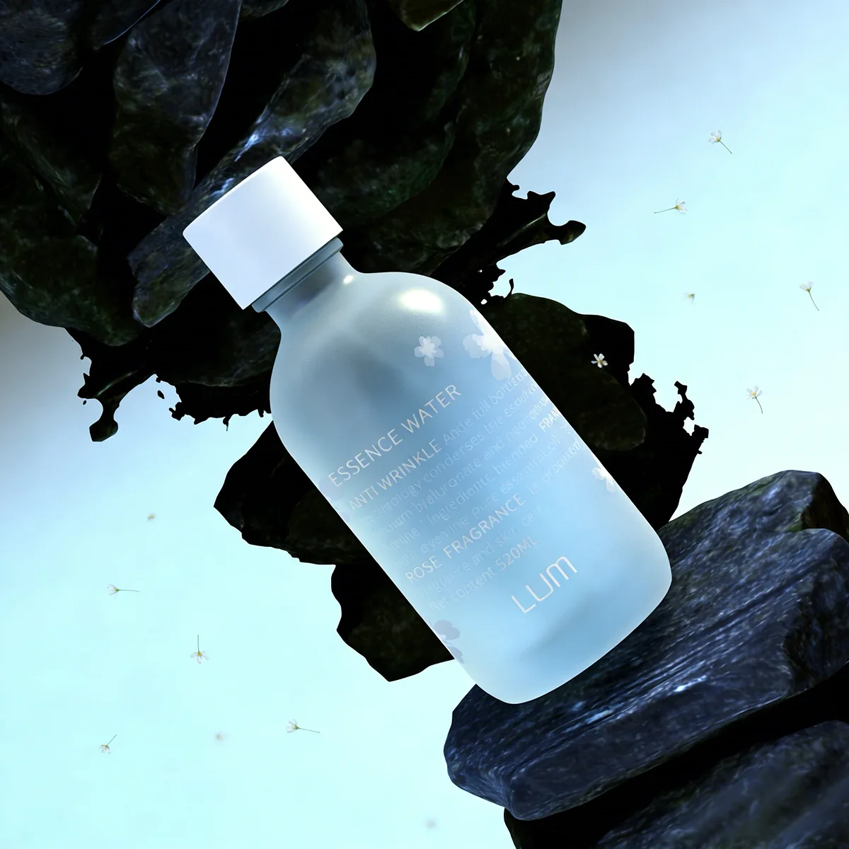 Clean beauty skincare packaging manufactured by Lumlun, featuring the LUM logo on a frosted blue glass toner bottle.