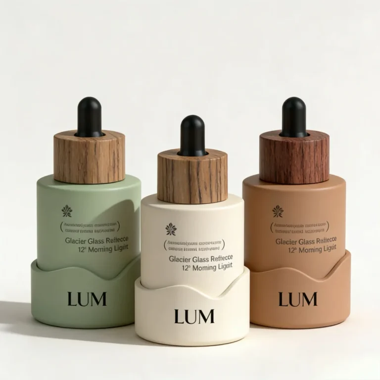 Close-up of the water transfer wood effect collar and precision glass pipette, engineered to prevent essential oil evaporation.