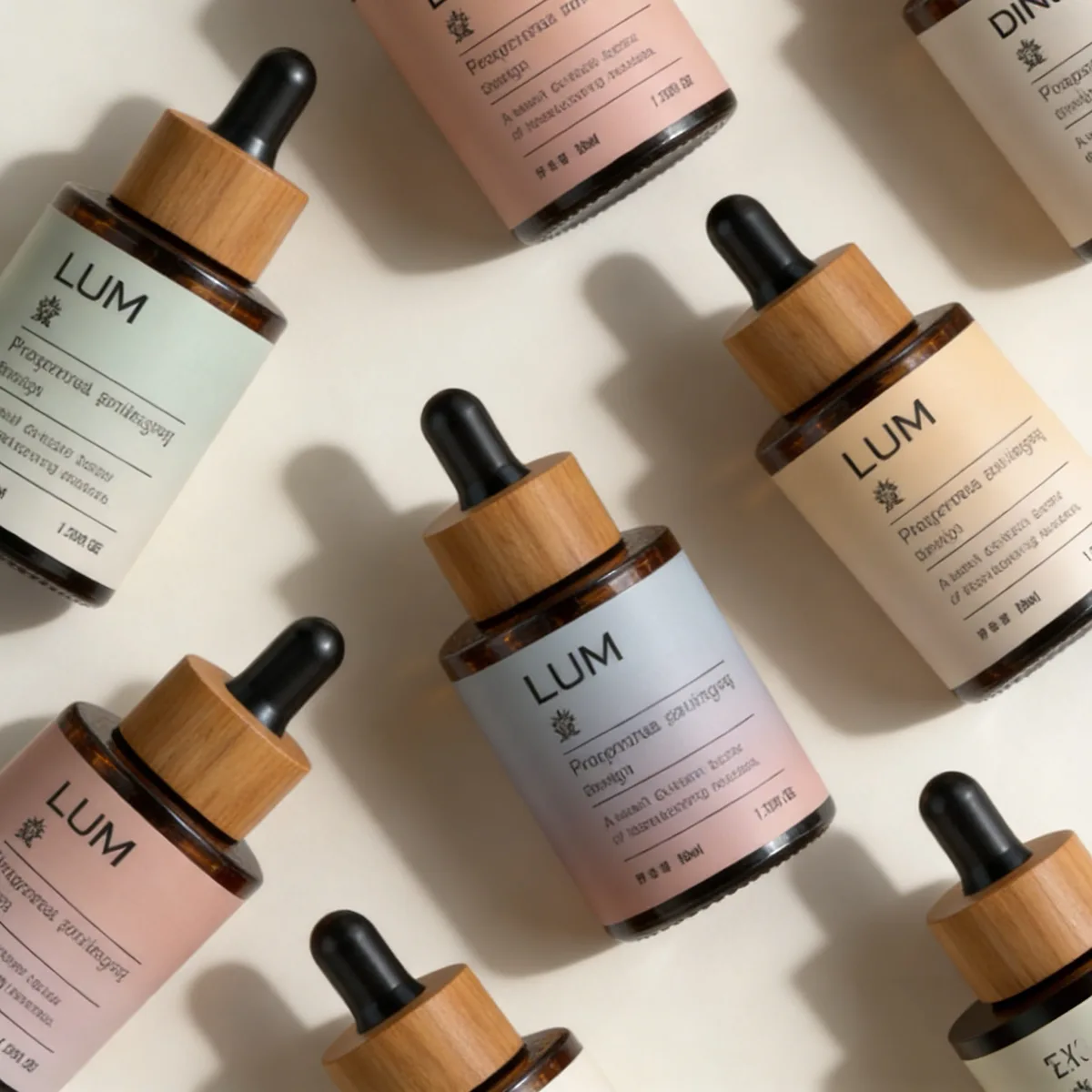 Organic style skincare packaging manufactured by Lumlun, featuring the LUM logo on Morandi matte glass dropper bottles.