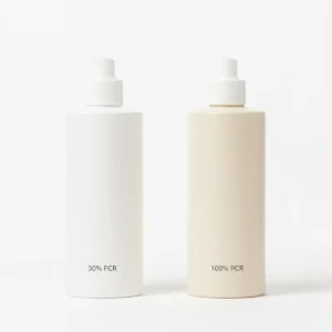 Visual comparison of cosmetic bottles with 30 percent PCR versus 100 percent PCR content showing appearance differences