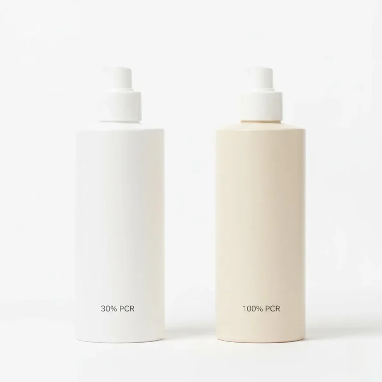 Visual comparison of cosmetic bottles with 30 percent PCR versus 100 percent PCR content showing appearance differences