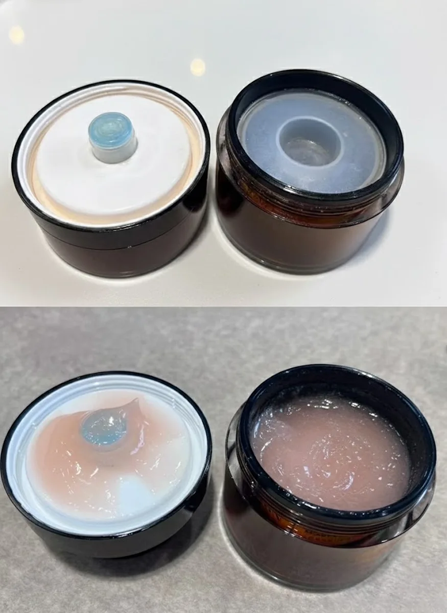 Internal piston mechanism cross-section of airless cosmetic jar vs traditional open jar