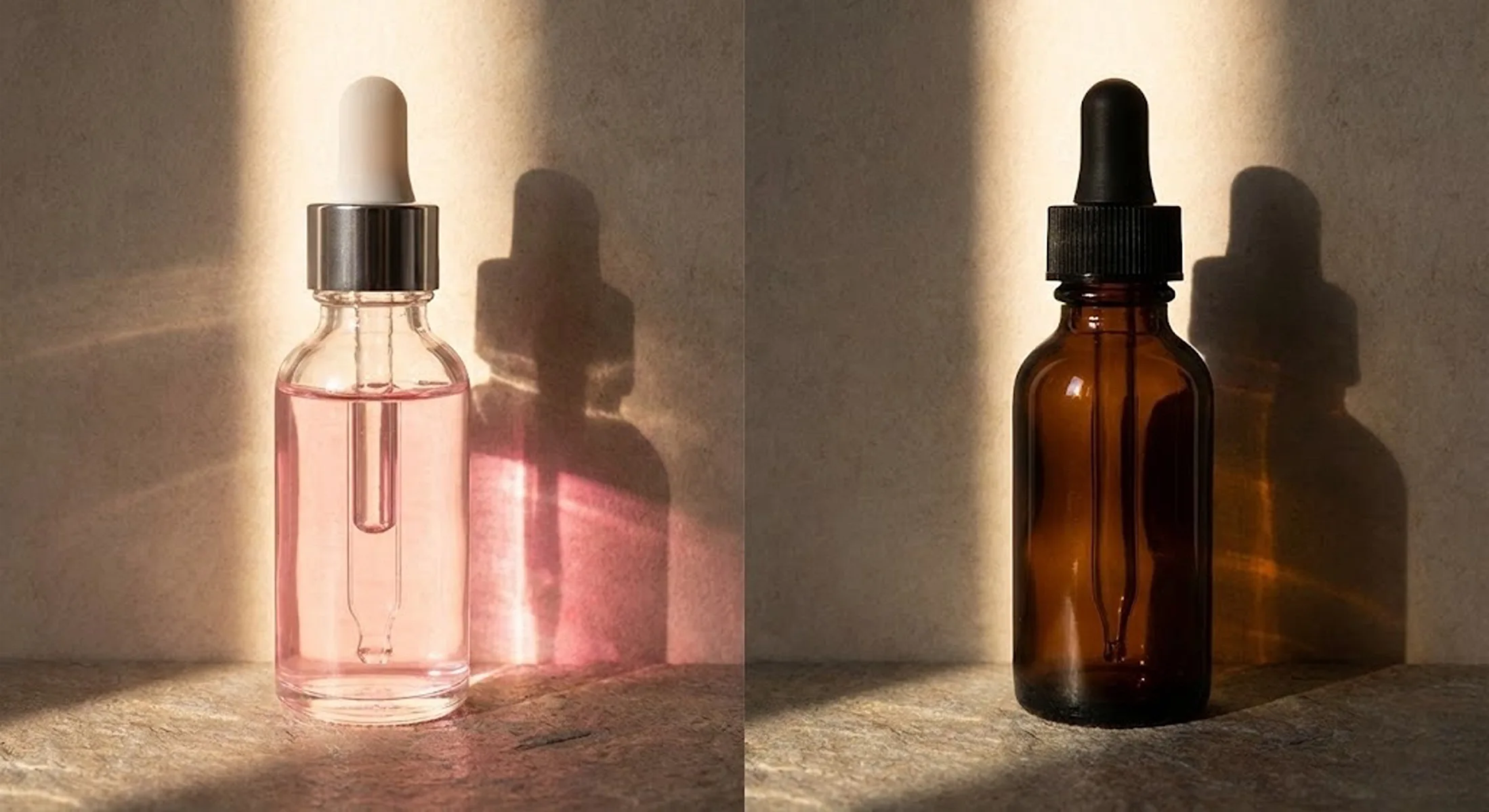 Comparison of amber glass vs clear glass dropper bottles for UV protection