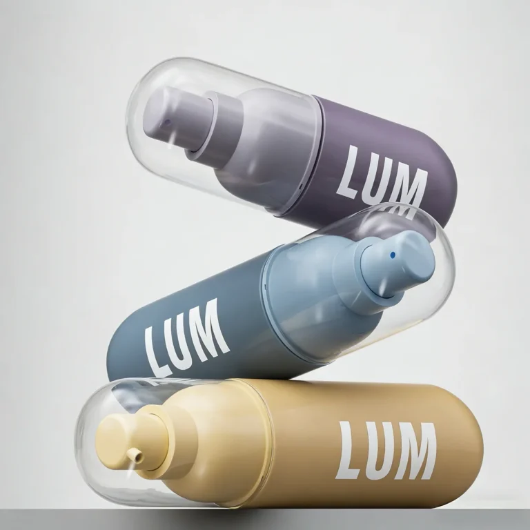 Premium PET cosmetic packaging manufactured by Lumlun, featuring the LUM logo, demonstrating professional OEM skincare manufacturing.