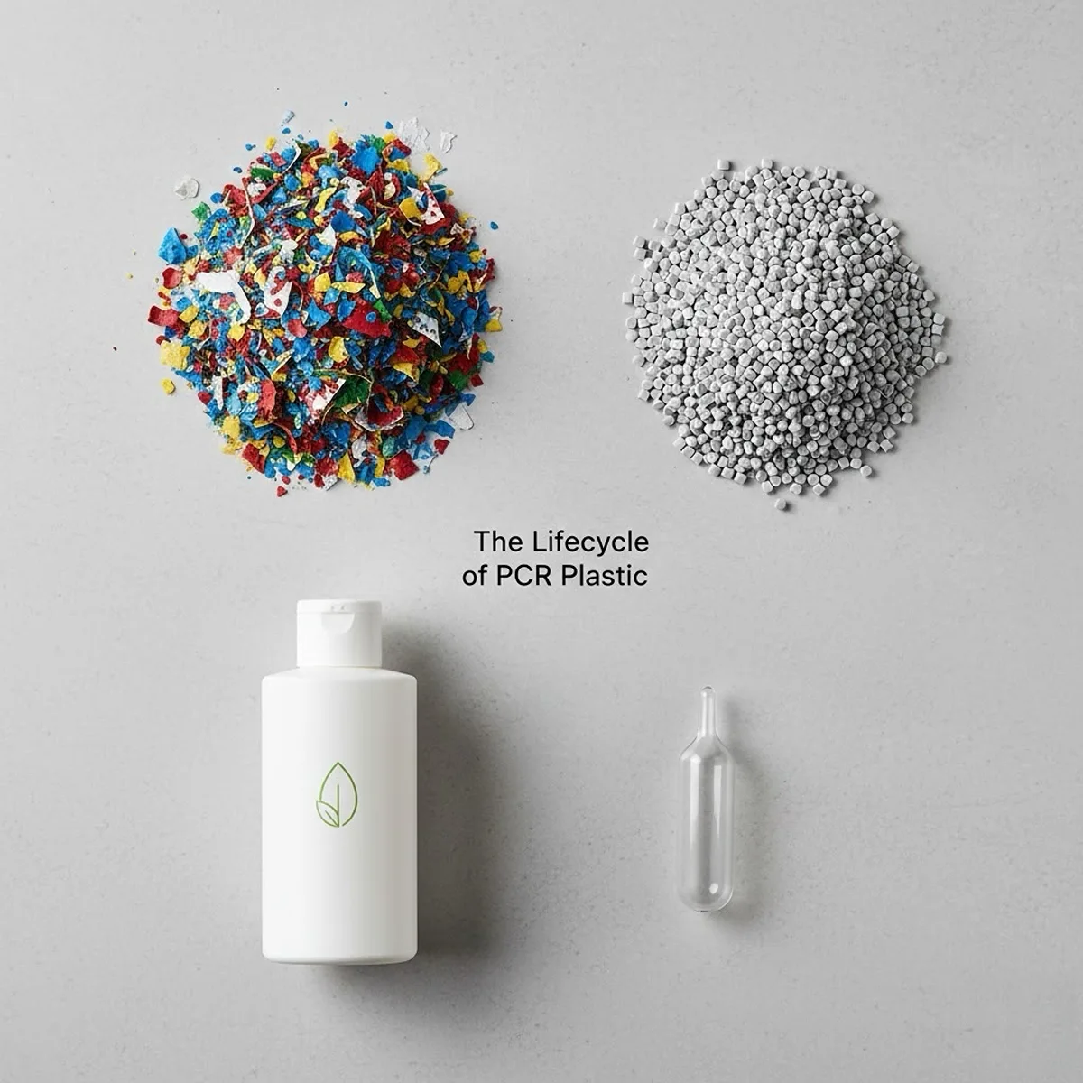 PCR plastic circular economy process for cosmetic packaging from waste to new bottles