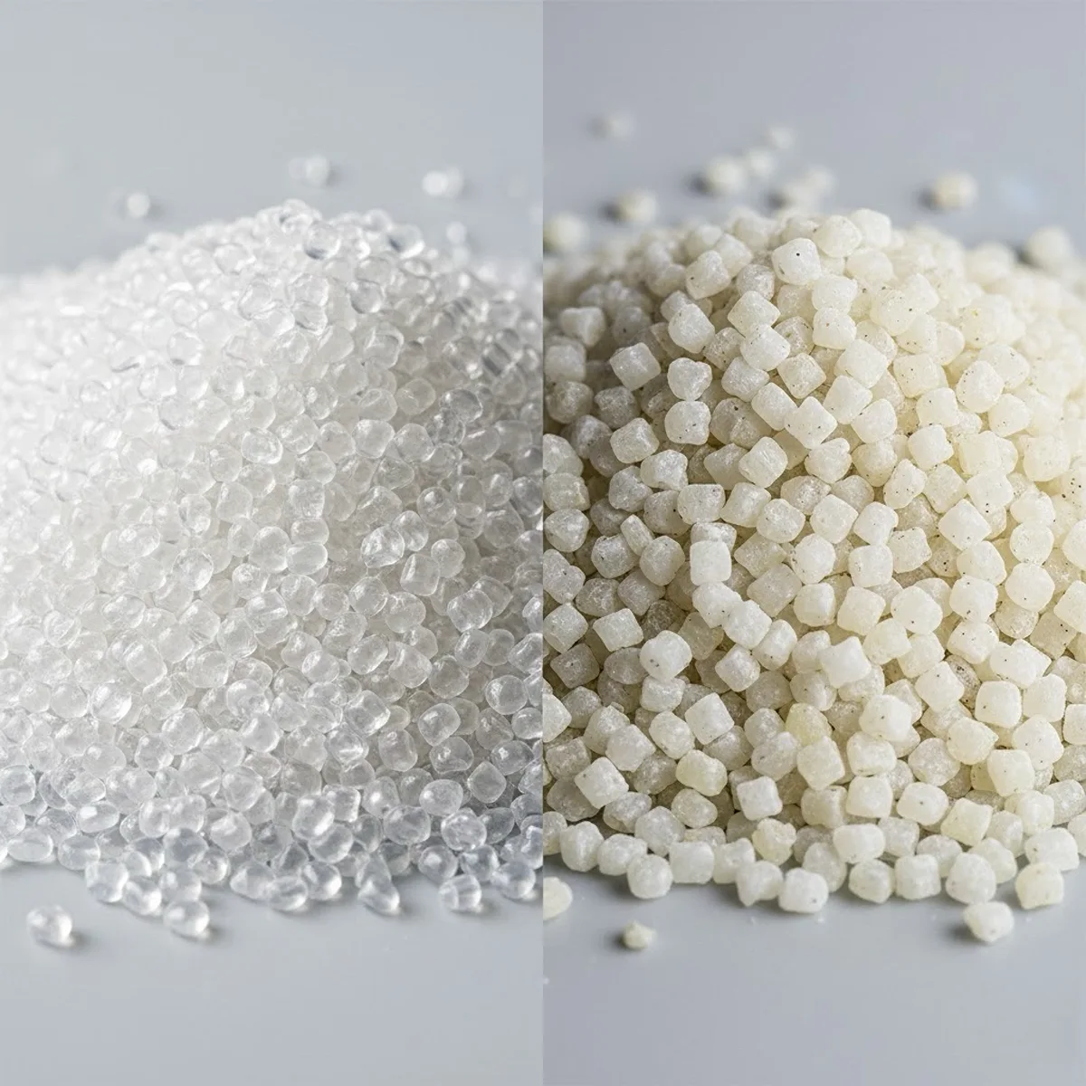 Close-up comparison of virgin plastic pellets versus PCR recycled plastic pellets showing color variation