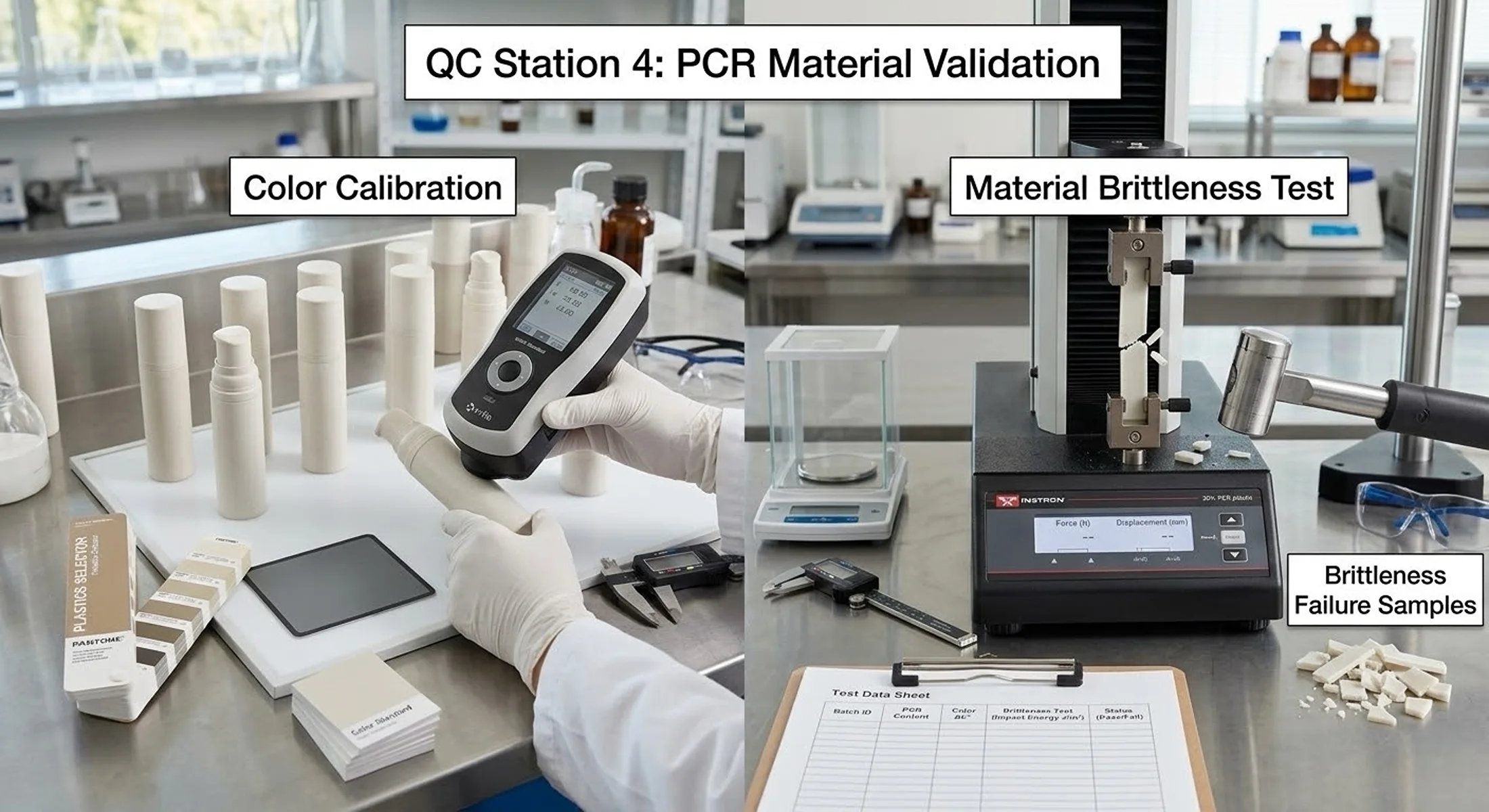 30% PCR cosmetic airless bottle color calibration and material brittleness test