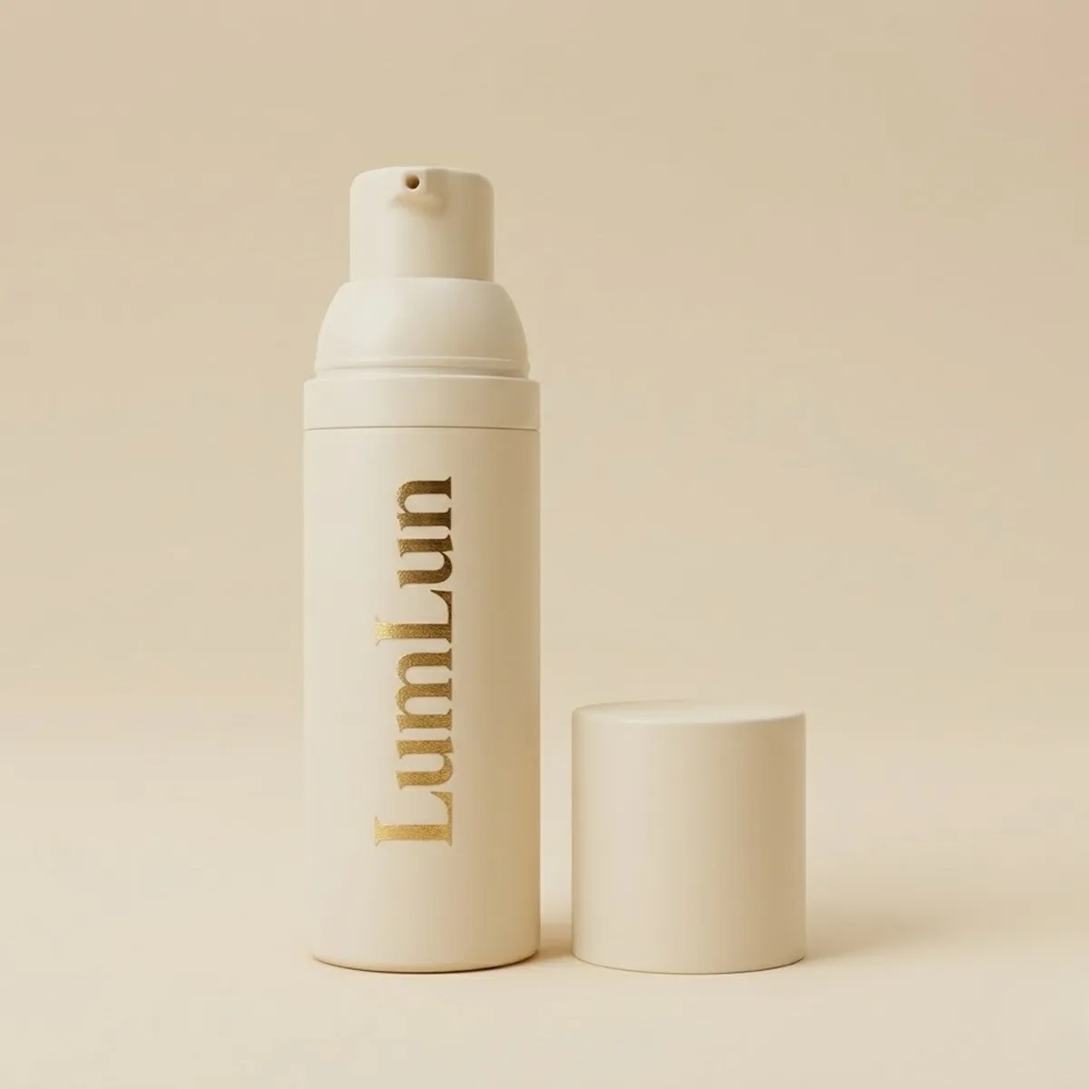 Gold hot stamping logo on a nude color airless bottle