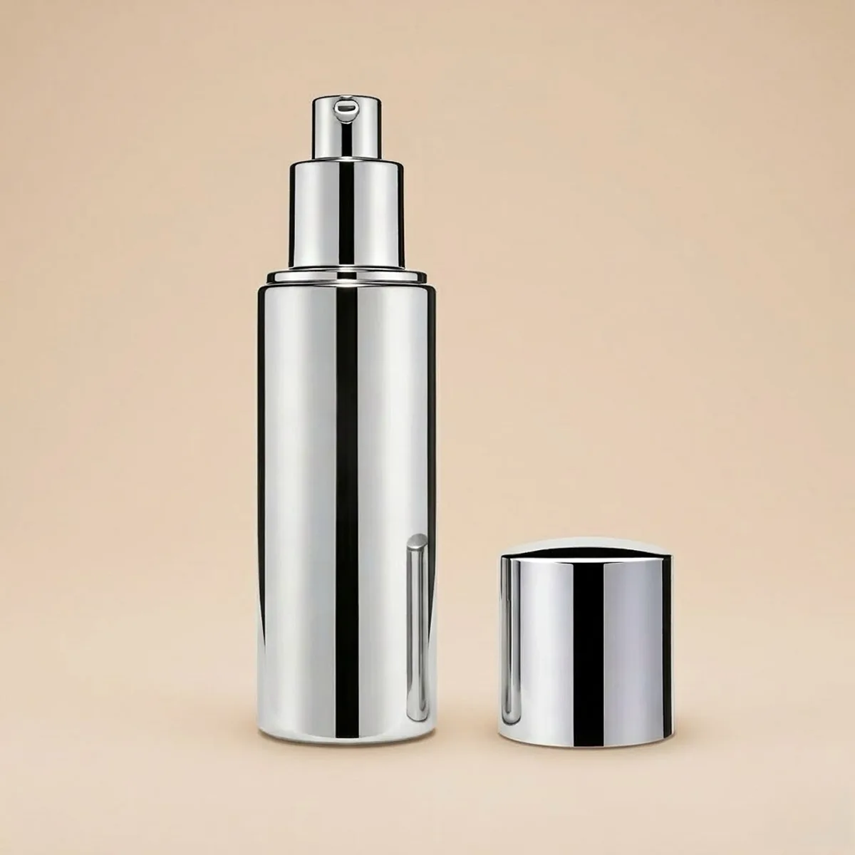 Shiny mirror silver UV metallization on an airless pump bottle