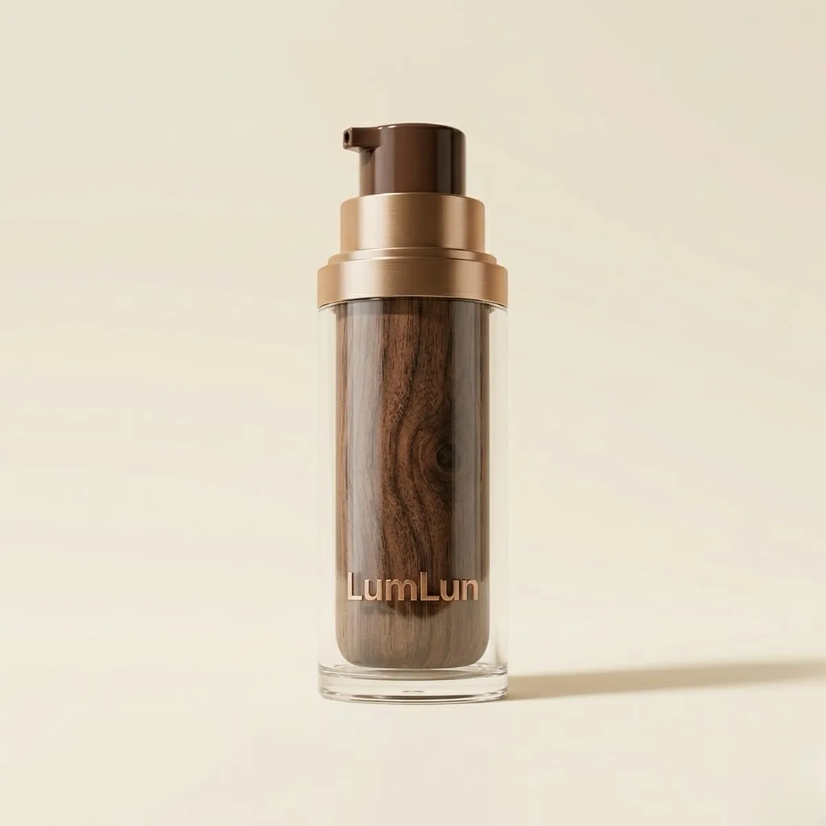 Natural wood grain hydrographic printing on an airless pump bottle