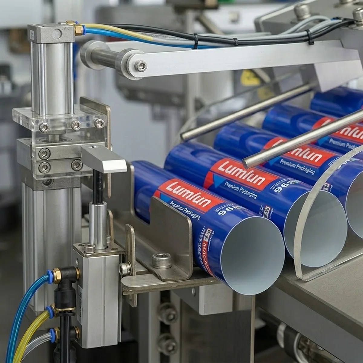 Automated loading of blue cosmetic tubes into the production line at our factory.