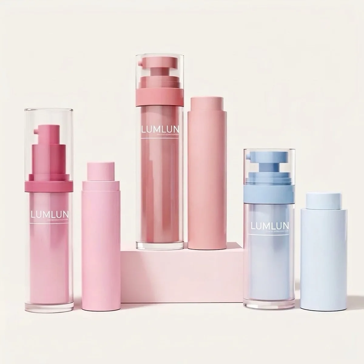 LumLun custom pink and blue airless pump bottles in various shapes and capacities