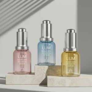 Premium shatterproof PET skincare packaging manufactured by Lumlun, featuring the LUM logo on a striking gradient blue-to-peach cosmetic bottle.