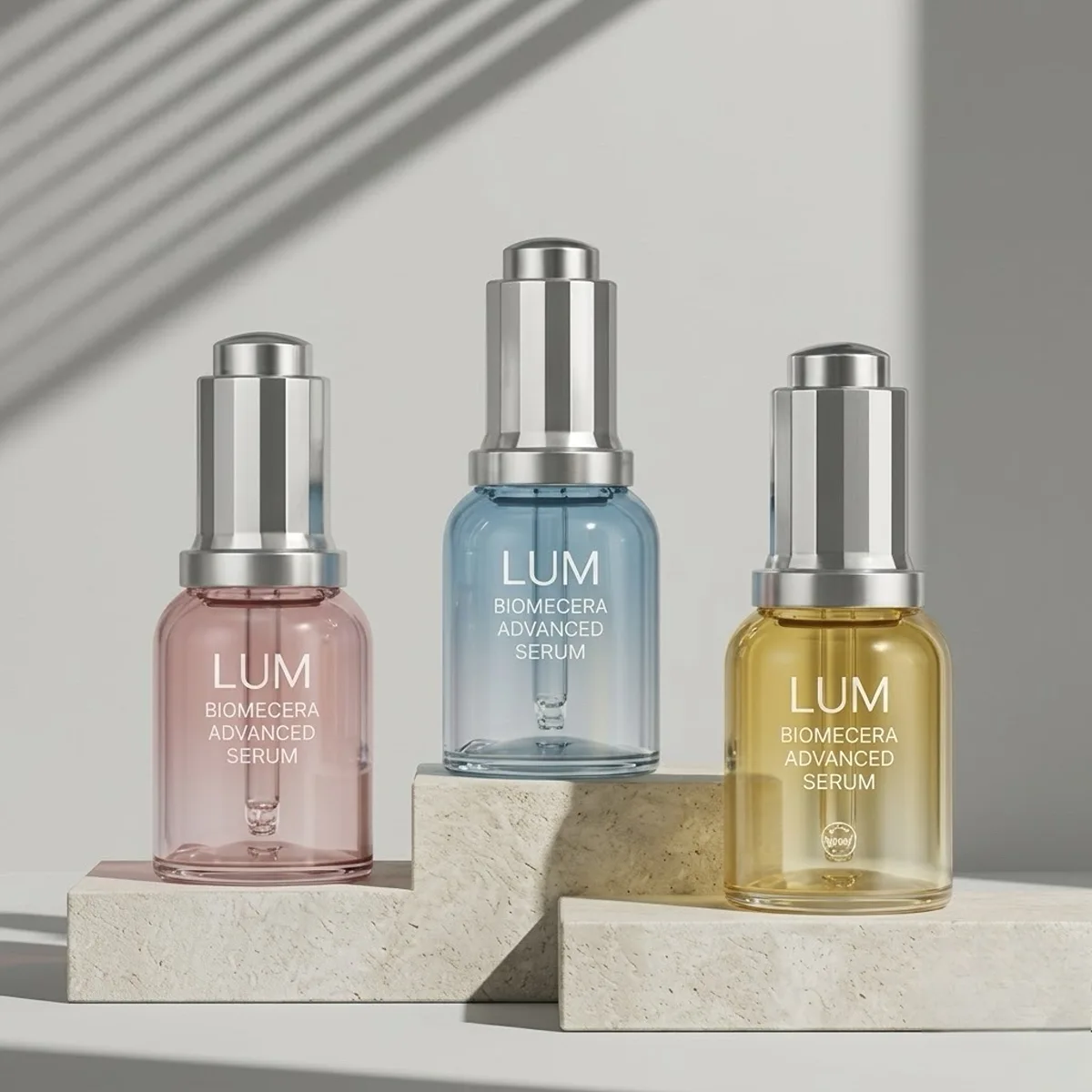 Premium shatterproof PET skincare packaging manufactured by Lumlun, featuring the LUM logo on a striking gradient blue-to-peach cosmetic bottle.