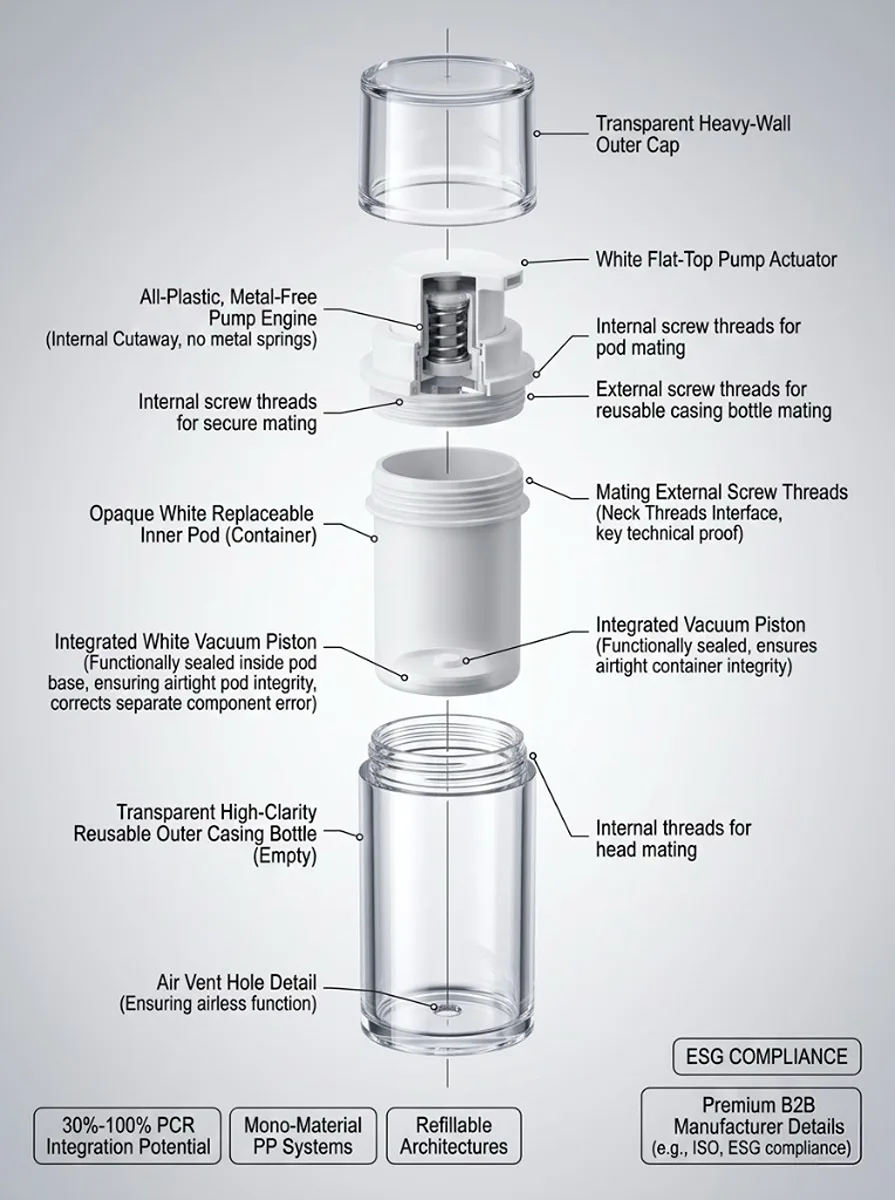 Technical exploded view of an eco-friendly airless bottle showing the metal-free pump engine and replaceable inner pod