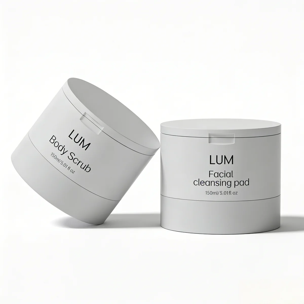 Hygienic exfoliating pad packaging manufactured by Lumlun, featuring the LUM logo on a minimalist matte grey body.