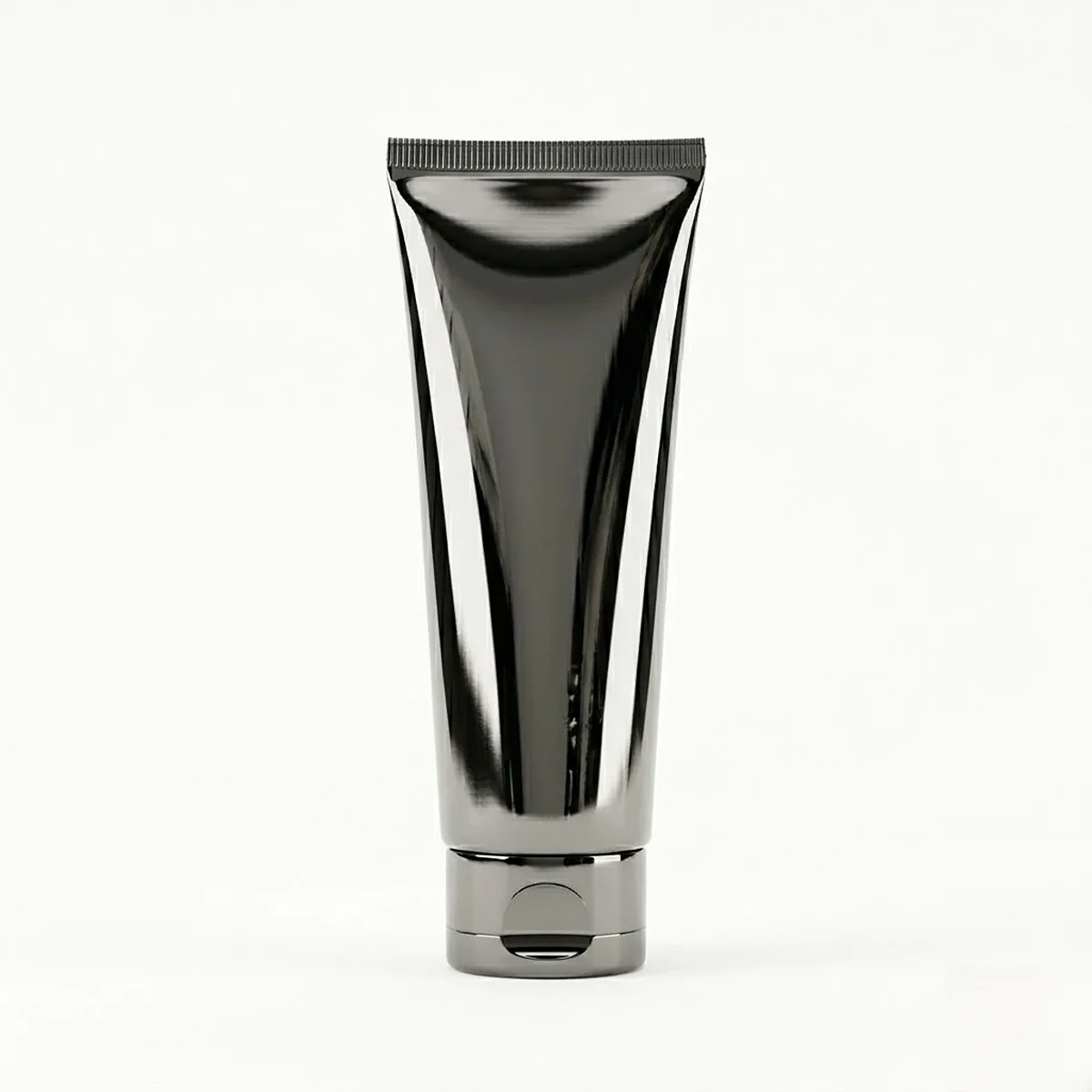 Silver metallized cosmetic tube with a mirror-like reflective surface and vacuum plating.