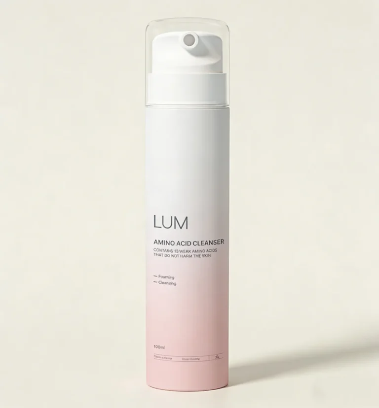 A 100ml Mono-PP airless bottle with a custom pink gradient finish and silk-screened "AMINO ACID CLEANSER" label, suitable for high-viscosity skincare formulas.