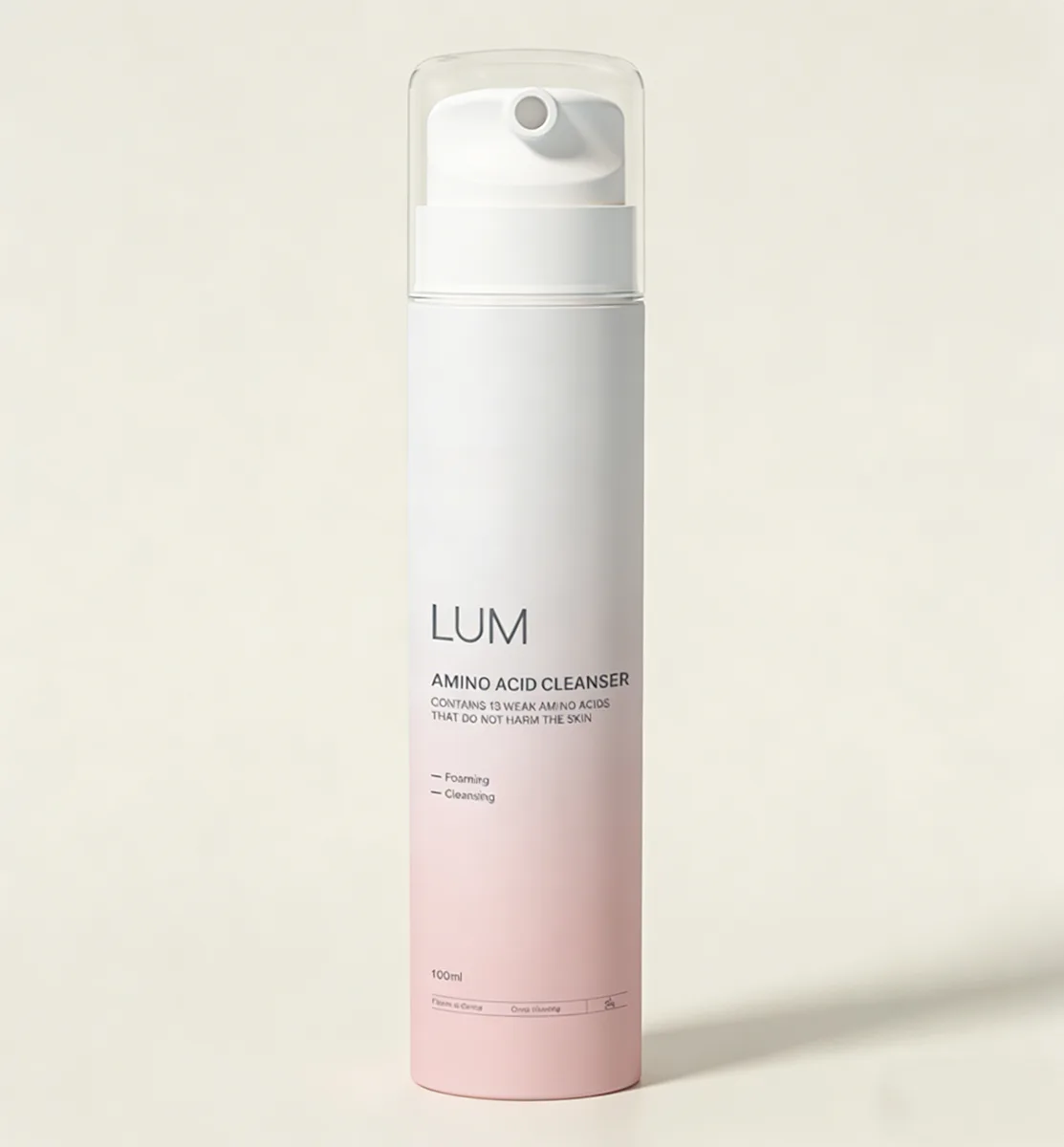 A 100ml Mono-PP airless bottle with a custom pink gradient finish and silk-screened AMINO ACID CLEANSER label