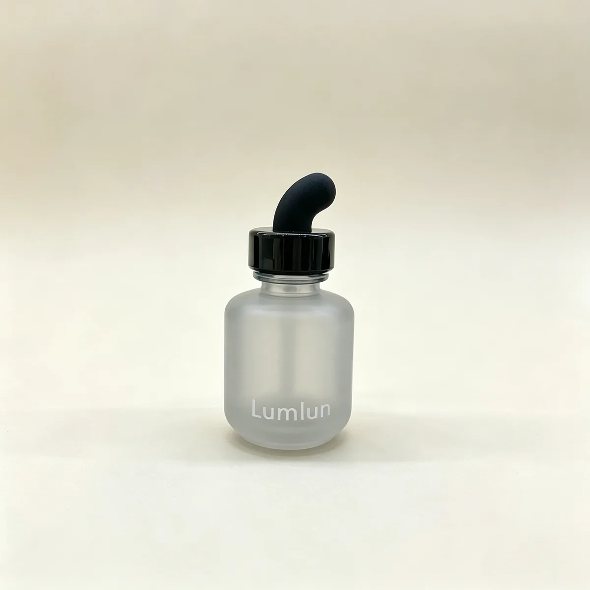 Frosted glass dropper bottle with unique black curved rubber bulb 30ml
