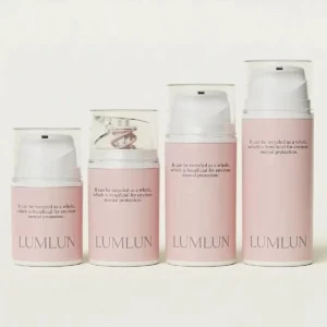 Mono-material PP airless pump bottles in four sizes with PP spring fully recyclable as single material — eco-friendly skincare packaging by Lumlun
