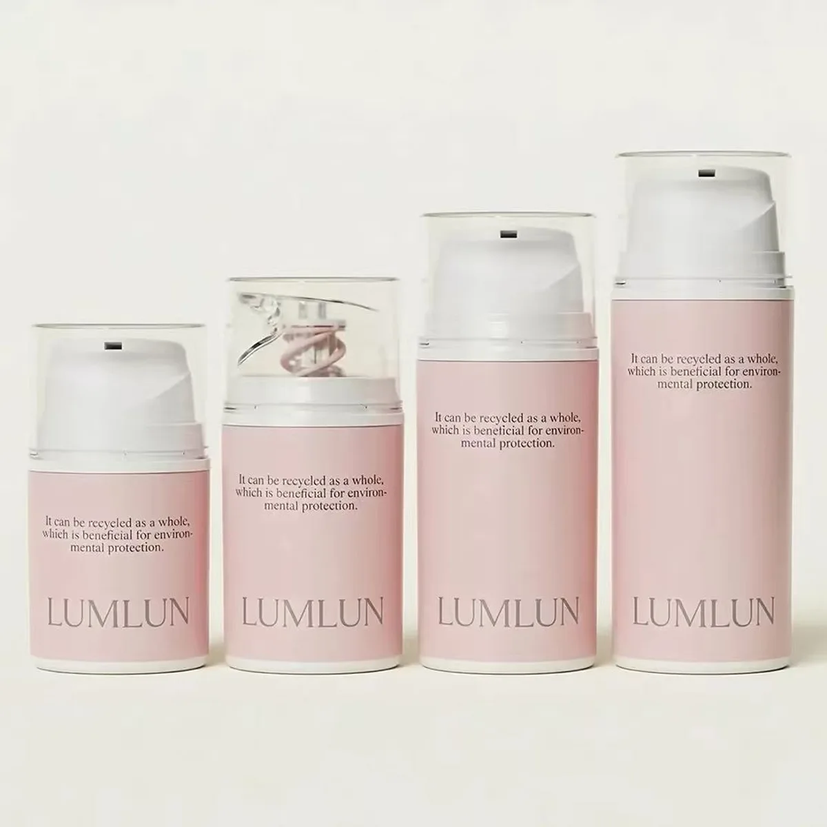 Mono-material PP airless pump bottles in multiple sizes with PP spring — fully recyclable as single material skincare packaging by Lumlun