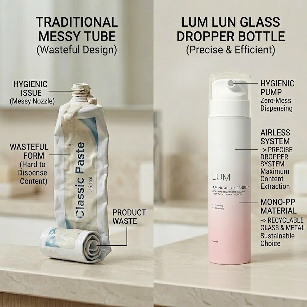 Comparison of a messy squeezed traditional tube and a sleek Lumlun Mono-PP airless toothpaste bottle