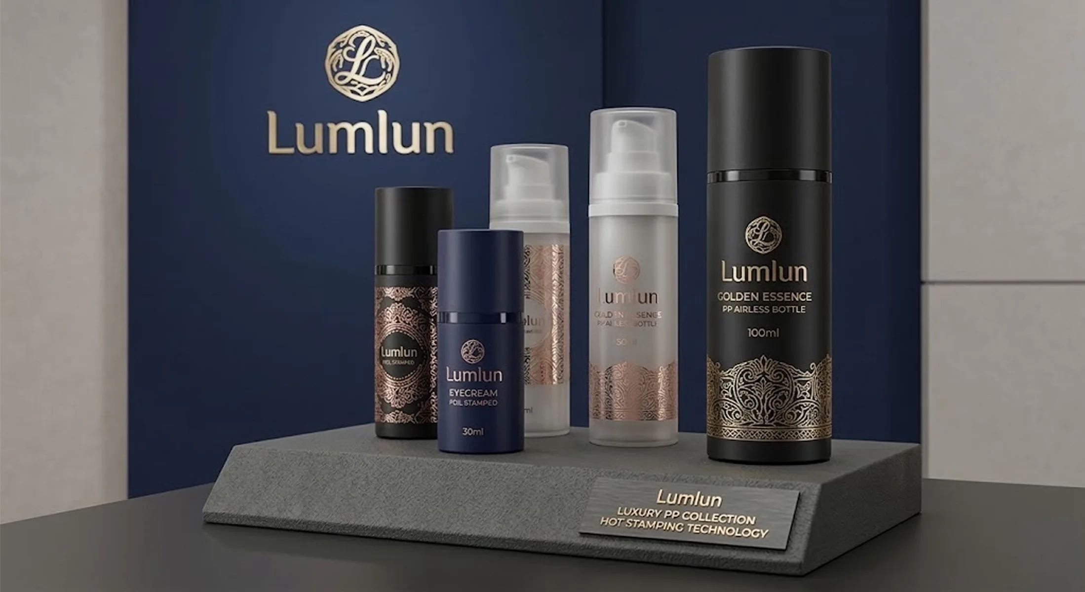 High-end skincare mono-PP airless bottles featuring custom foil stamping and hot stamping surface treatments.