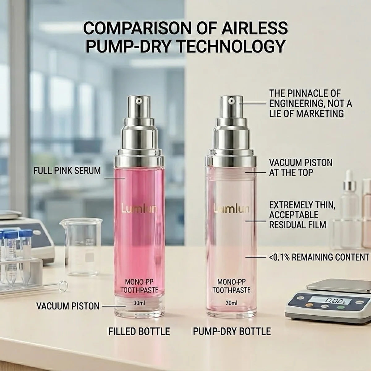 A side-by-side lab photo of two mono-material PP airless bottles demonstrating a realistic 98% evacuation rate, debunking the zero waste myth for skincare formulas.