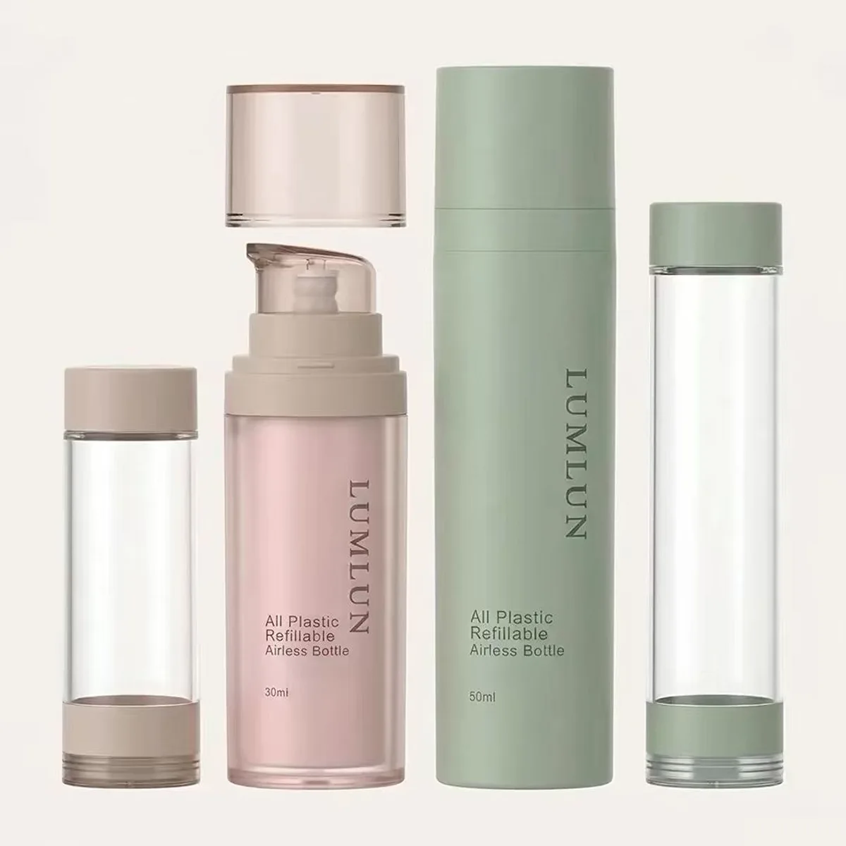 All plastic refillable airless pump bottles in 30ml and 50ml with removable inner cartridge for sustainable skincare packaging