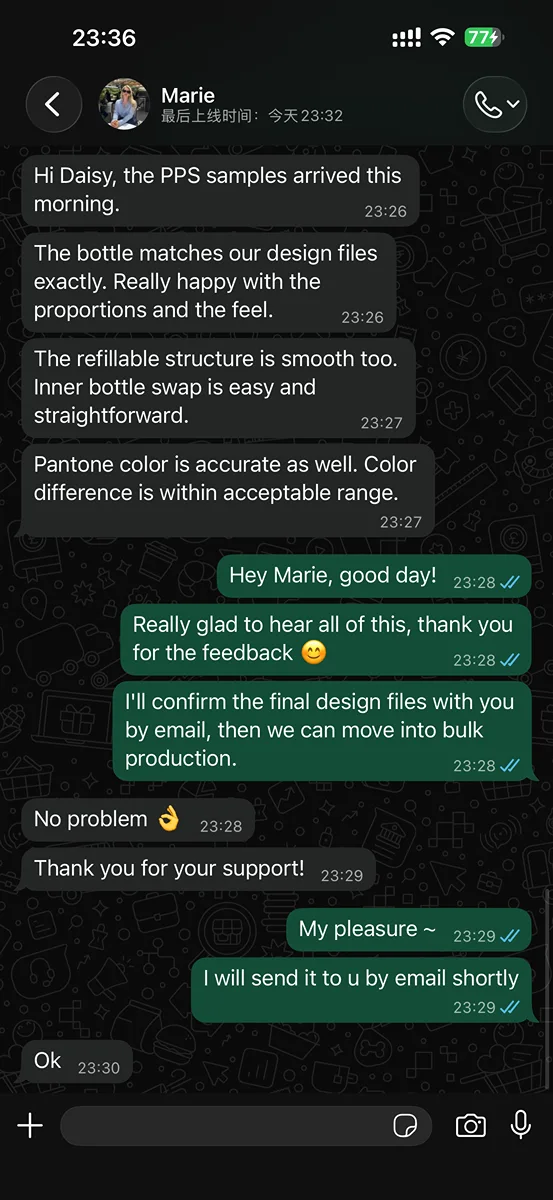 WhatsApp conversation with Marie, skincare brand founder from United States, confirming that LumLun custom airless bottle shape matches design files exactly, refillable inner pod system works smoothly, and Pantone color is within acceptable range — proceeding to bulk production. LumLun OEM client testimonial.