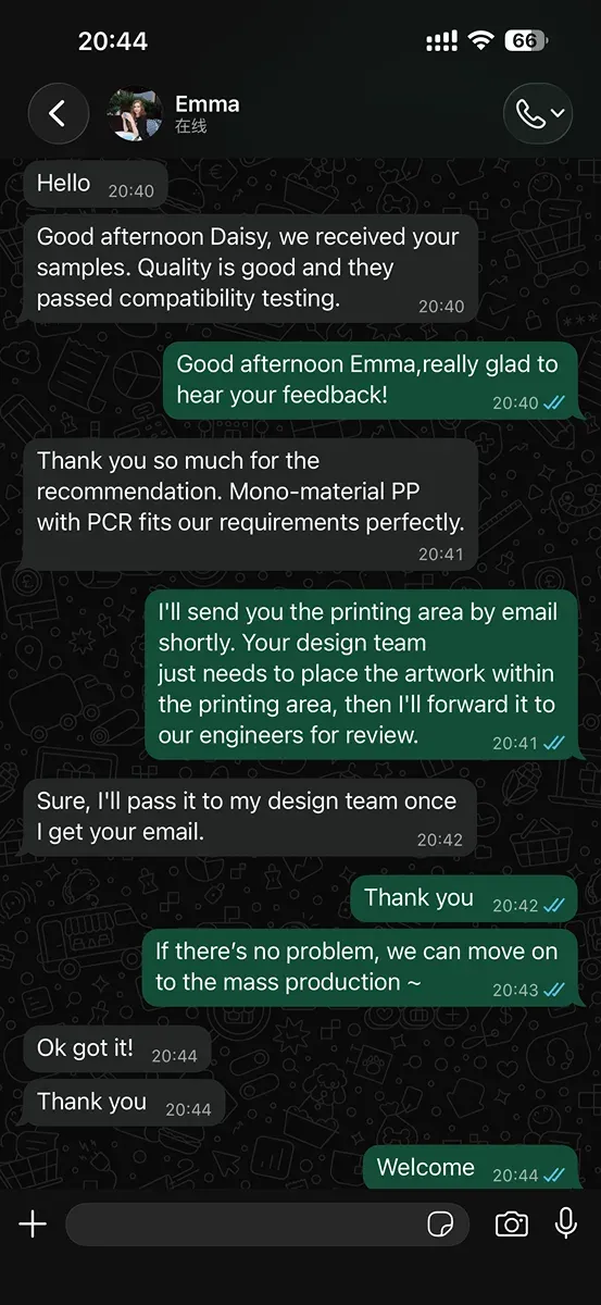WhatsApp conversation with Emma, natural beauty brand sustainability lead from Netherlands, confirming LumLun PCR and sugarcane cosmetic tubes passed compatibility testing and meet EU recyclability standards. LumLun OEM client testimonial.